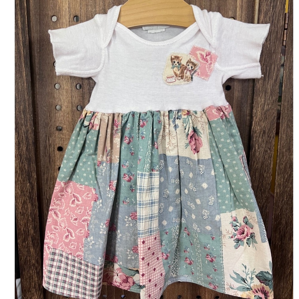 Tee-hee 100% Cotton Kitten and Quilt Print Baby Dress 12 Months cottagecore cute
